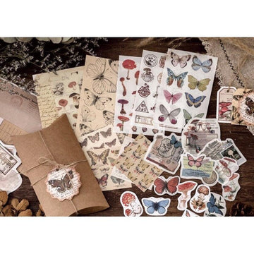 30pcs Butterfly Mushroom Themed Journaling Vintage Craft Paper, Specimen, Stickers