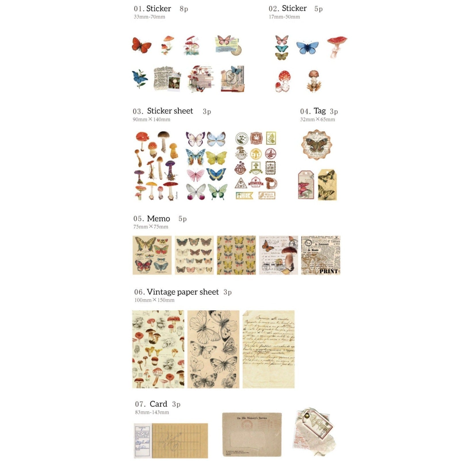 30pcs Butterfly Mushroom Themed Journaling Vintage Craft Paper, Specimen, Stickers