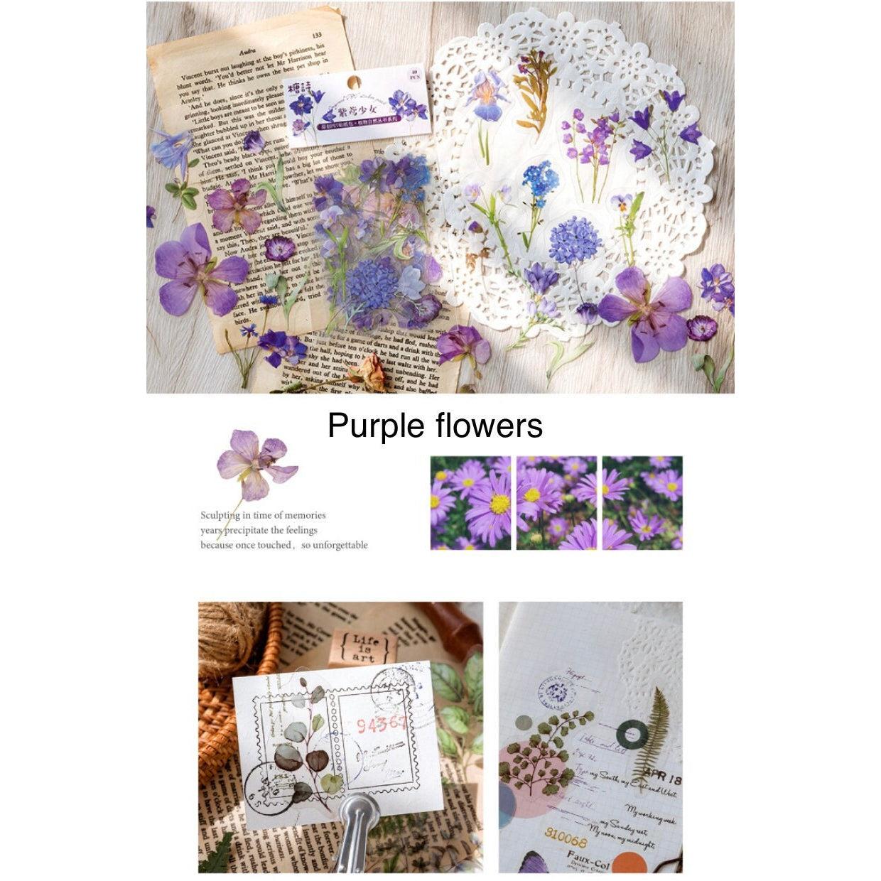 40pcs PET Clear Die-cut Pressed Purple Flowers Plants stickers, Flower Stickers Pack