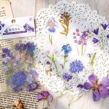 40pcs PET Clear Die-cut Pressed Purple Flowers Plants stickers, Flower Stickers Pack