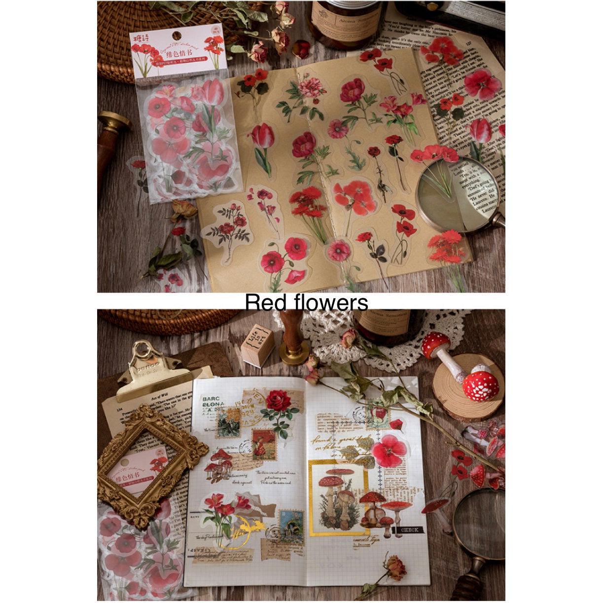 40pcs PET Clear Die-cut Pressed Red Flowers Plants stickers, Flower Stickers Pack