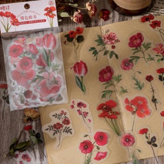 40pcs PET Clear Die-cut Pressed Red Flowers Plants stickers, Flower Stickers Pack