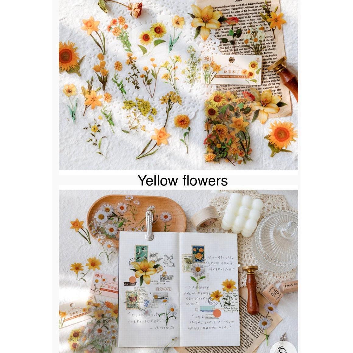 40pcs PET Clear Die-cut Pressed Yellow Flowers Plants stickers, Flower Stickers Pack