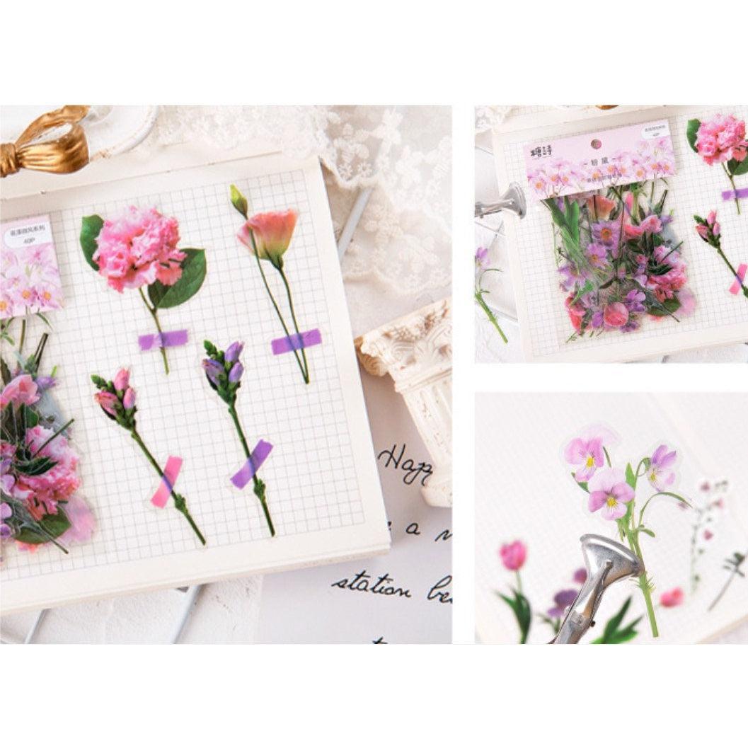 40pcs Pink Flower Stickers Pack, Pressed Flowers Plant Specimen Stickers