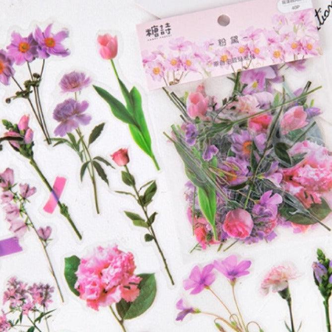 40pcs Pink Flower Stickers Pack, Pressed Flowers Plant Specimen Stickers