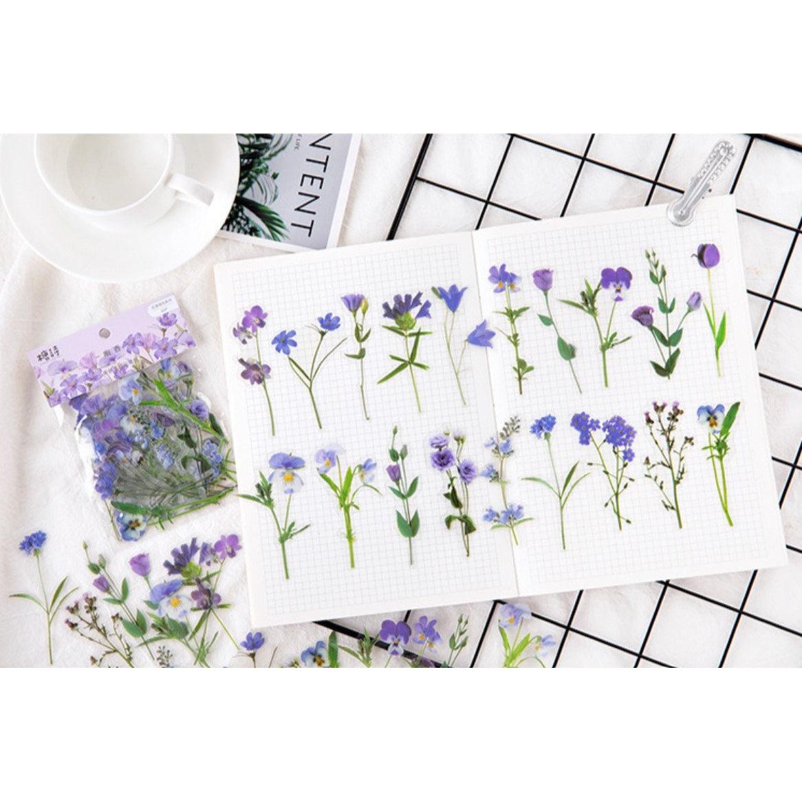 40pcs Purple Flower Stickers Pack, Pressed Flowers Plant Specimen Stickers