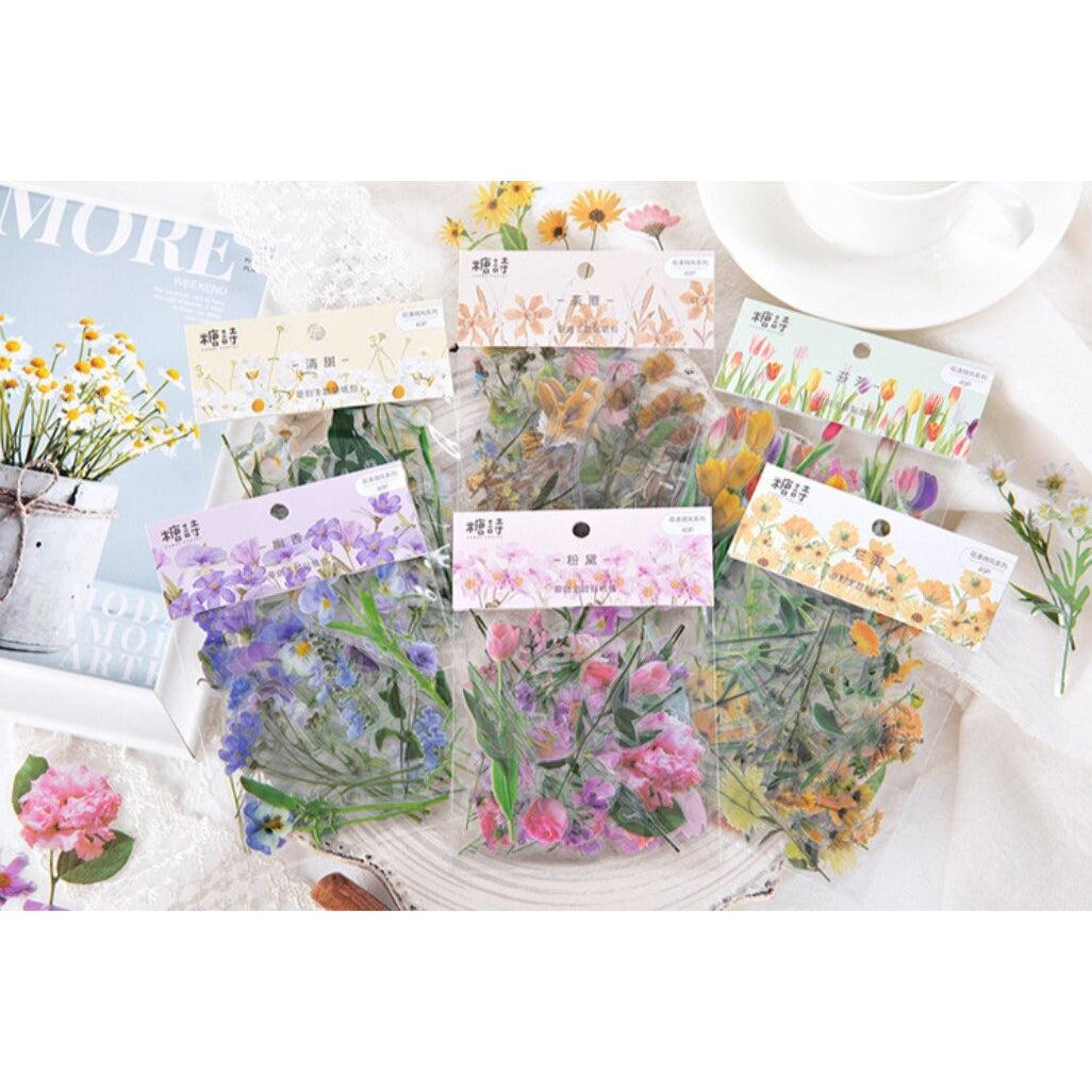 40pcs Purple Flower Stickers Pack, Pressed Flowers Plant Specimen Stickers