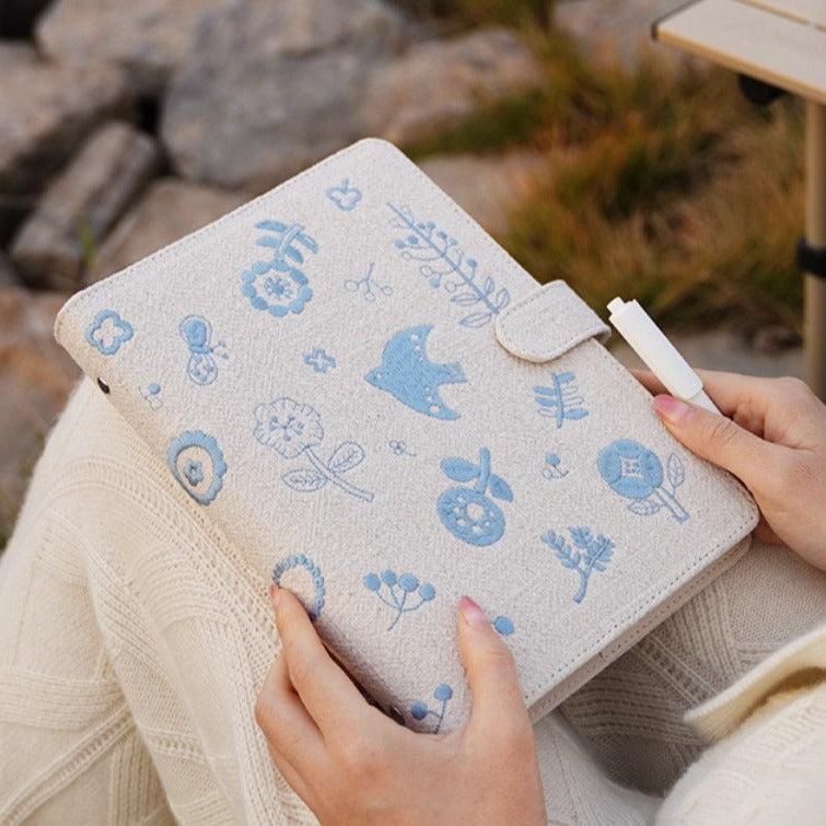 Blue Bird Embroidery Ivory Ring Binder Notebooks, Journals, Scrapbook