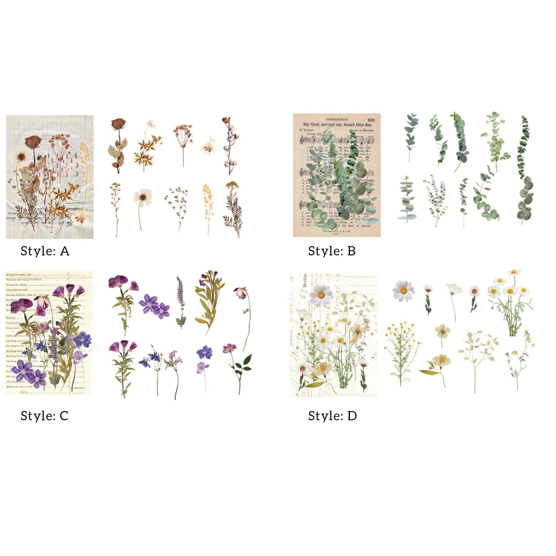 Large Dried Flowers Stickers Pack, Clear PET Pressed Plants Specimen Stickers