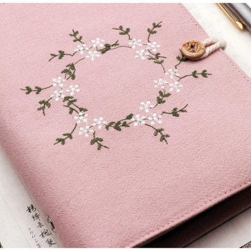 Pink Embroidery Flower Cotton Cloth Ring Binder Journals, Scrapbook