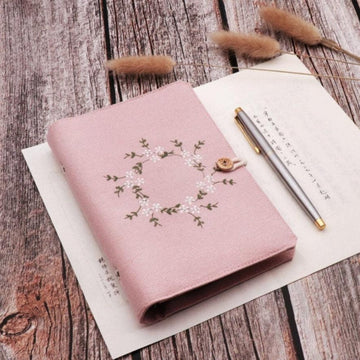 Pink Embroidery Flower Cotton Cloth Ring Binder Journals, Scrapbook