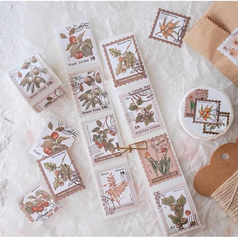 Qiqiyu Vol.6 Postage Stamps Tape, Plants Themed Washi Tape, Watercolor Florals Stickers