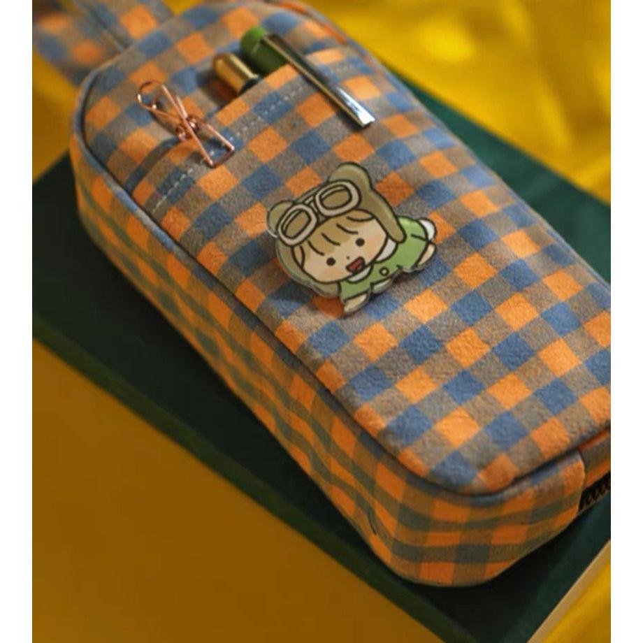 Yellow Plaid Cotton Pencil Case Stationery Cases